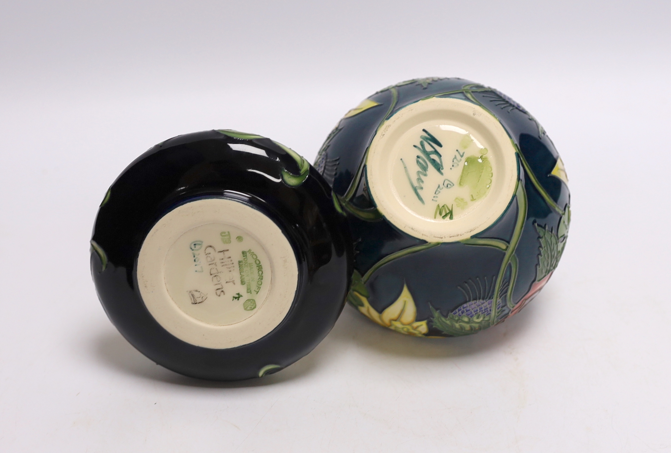 Two modern Moorcroft vases and two small bowls, tallest 16cm